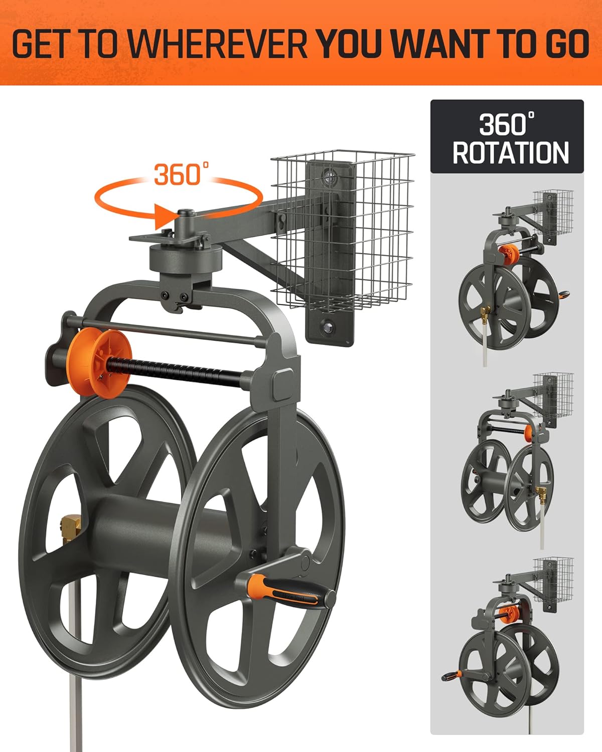 Wall Mounted Metal Hose Reel with Detachable Basket B71558