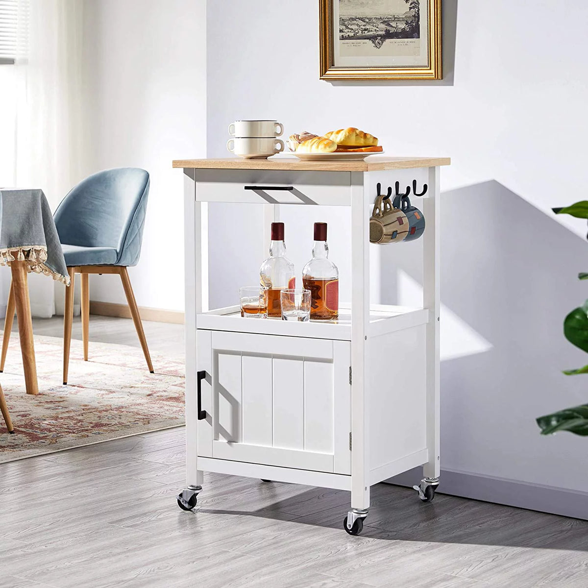White Rolling Kitchen Island with Single Door Cabinet A861