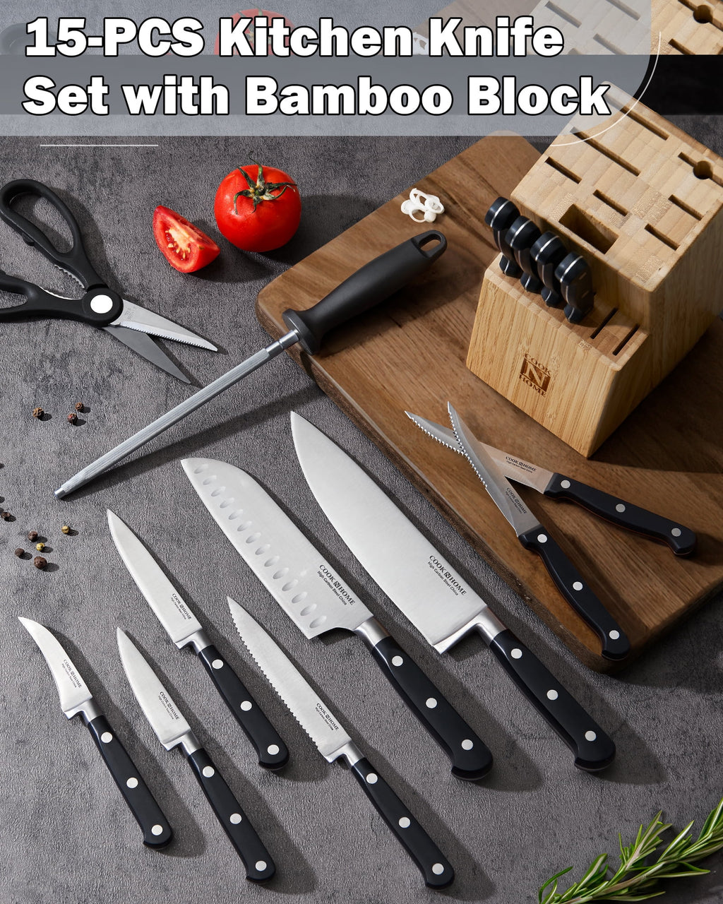 15-Piece High Carbon Stainless Steel Knife Set with Bamboo Storage Block B770