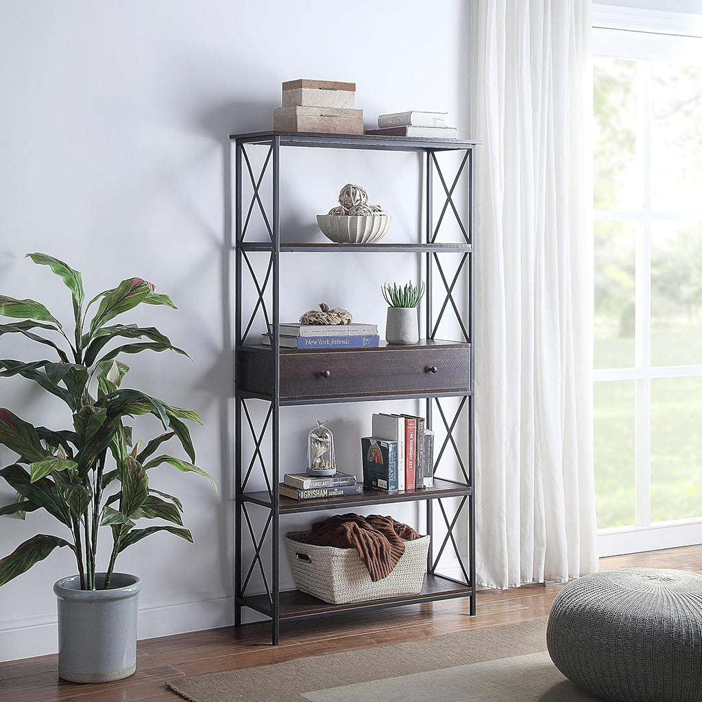 5-Tier Walnut Finish Metal Bookcase with Drawer O2373