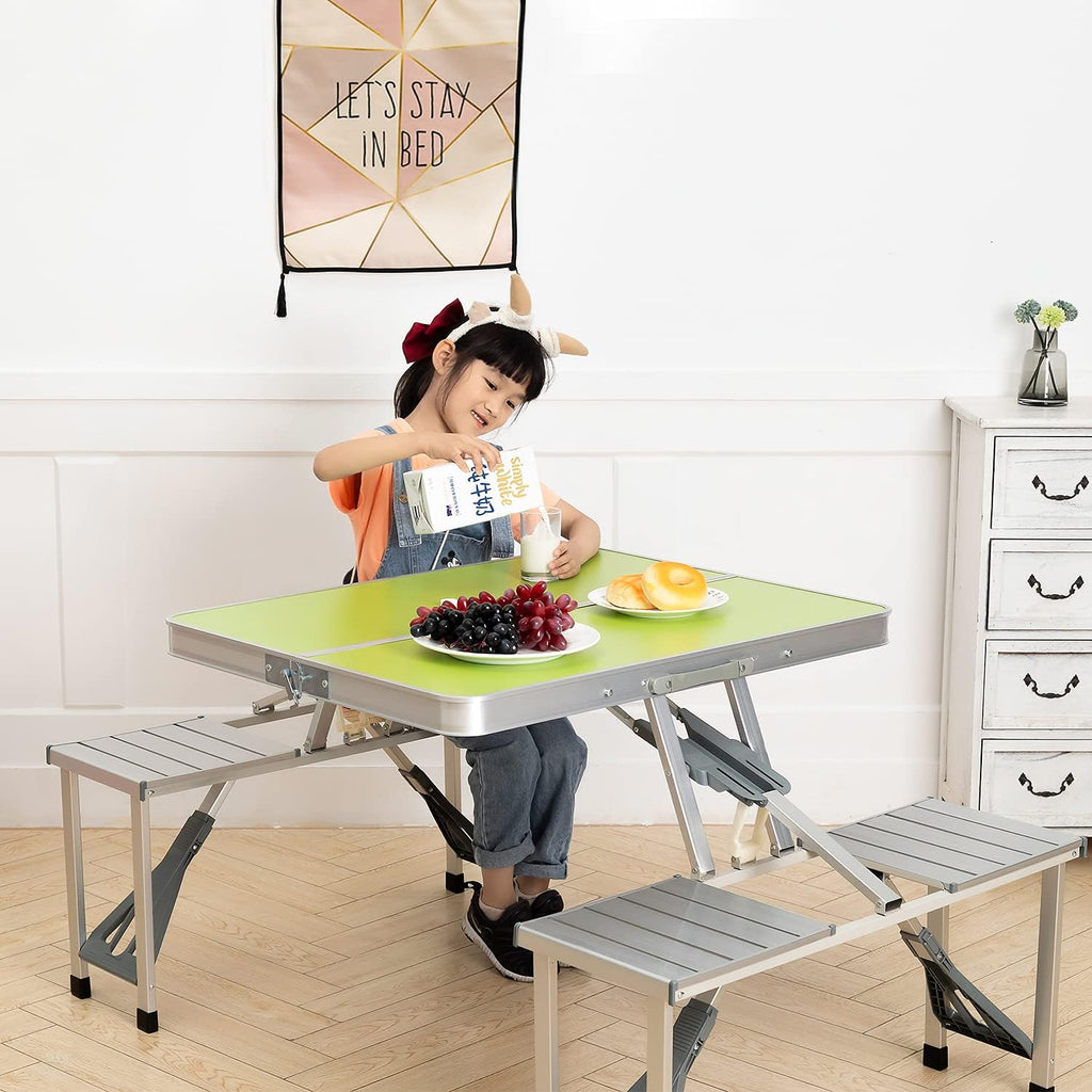 Green Folding Camping Table with 4 Seats Set, Aluminum, 33.8x26.4x26.4 inch W2016
