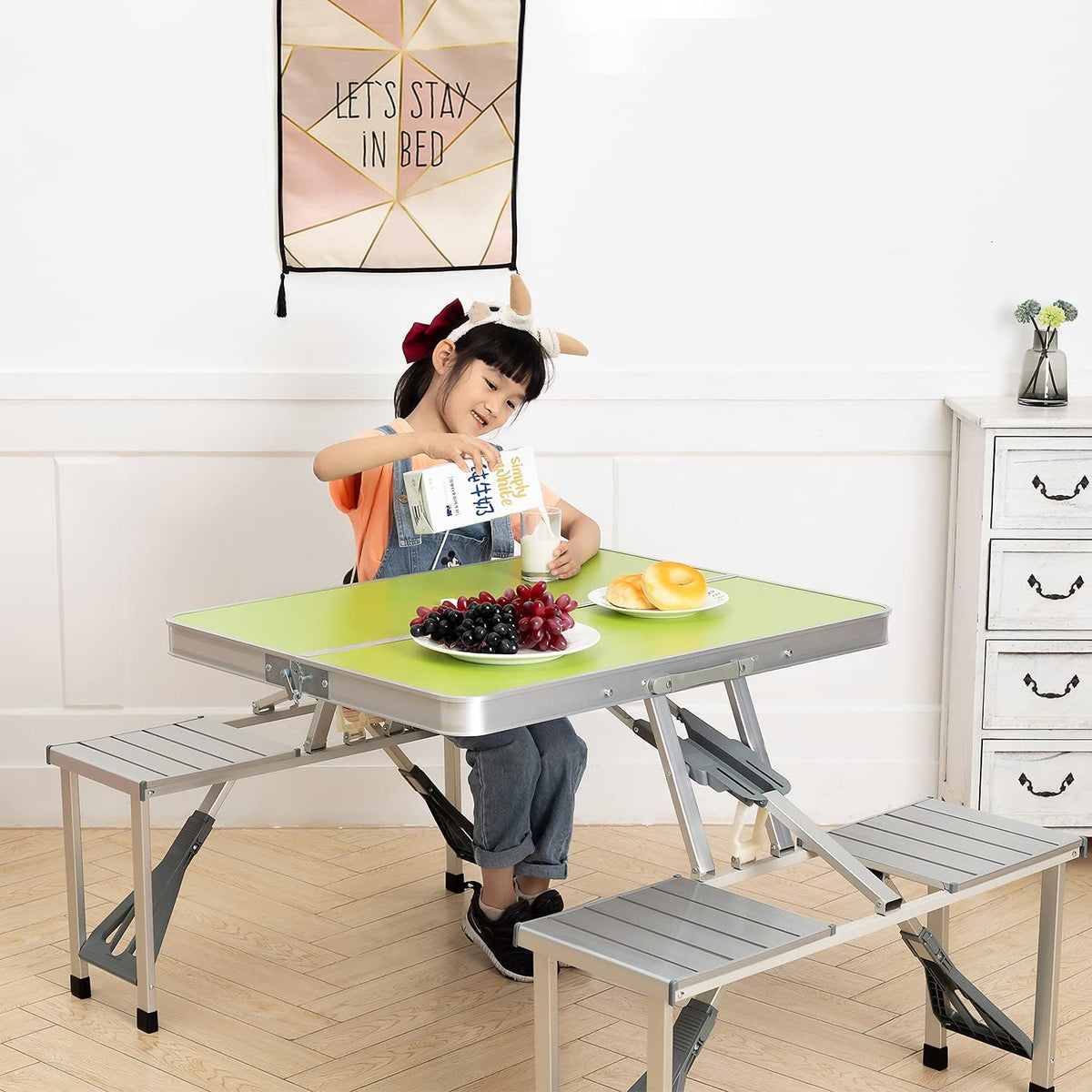 Green Folding Camping Table with 4 Seats Set, Aluminum, 33.8x26.4x26.4 inch W2016