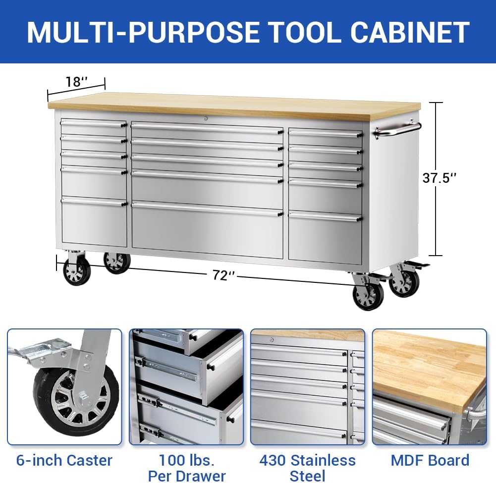 15 Drawer Stainless Steel Rolling Tool Chest with Wheels and Wood Top A341295