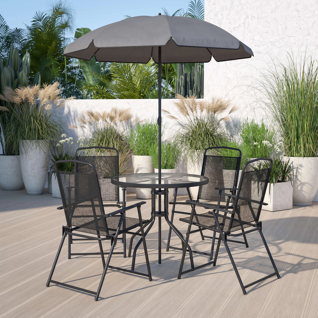 6-Piece Patio Set with Glass Table, Umbrella, and 4 Folding Chairs, Black T737