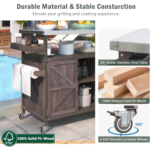 Natural Solid Wood Outdoor Kitchen Island with Stainless Steel Top C54716