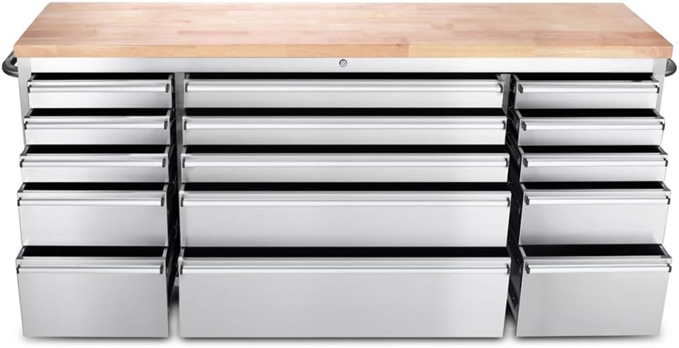 15 Drawer Stainless Steel Rolling Tool Chest with Wheels and Wood Top A341295