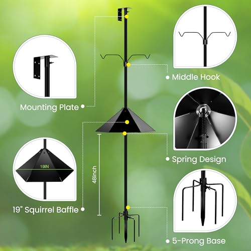Black 79 Inch Heavy Duty Bird Feeder Pole with 2-Hooks and Metal Squirrel Baffle Z455499