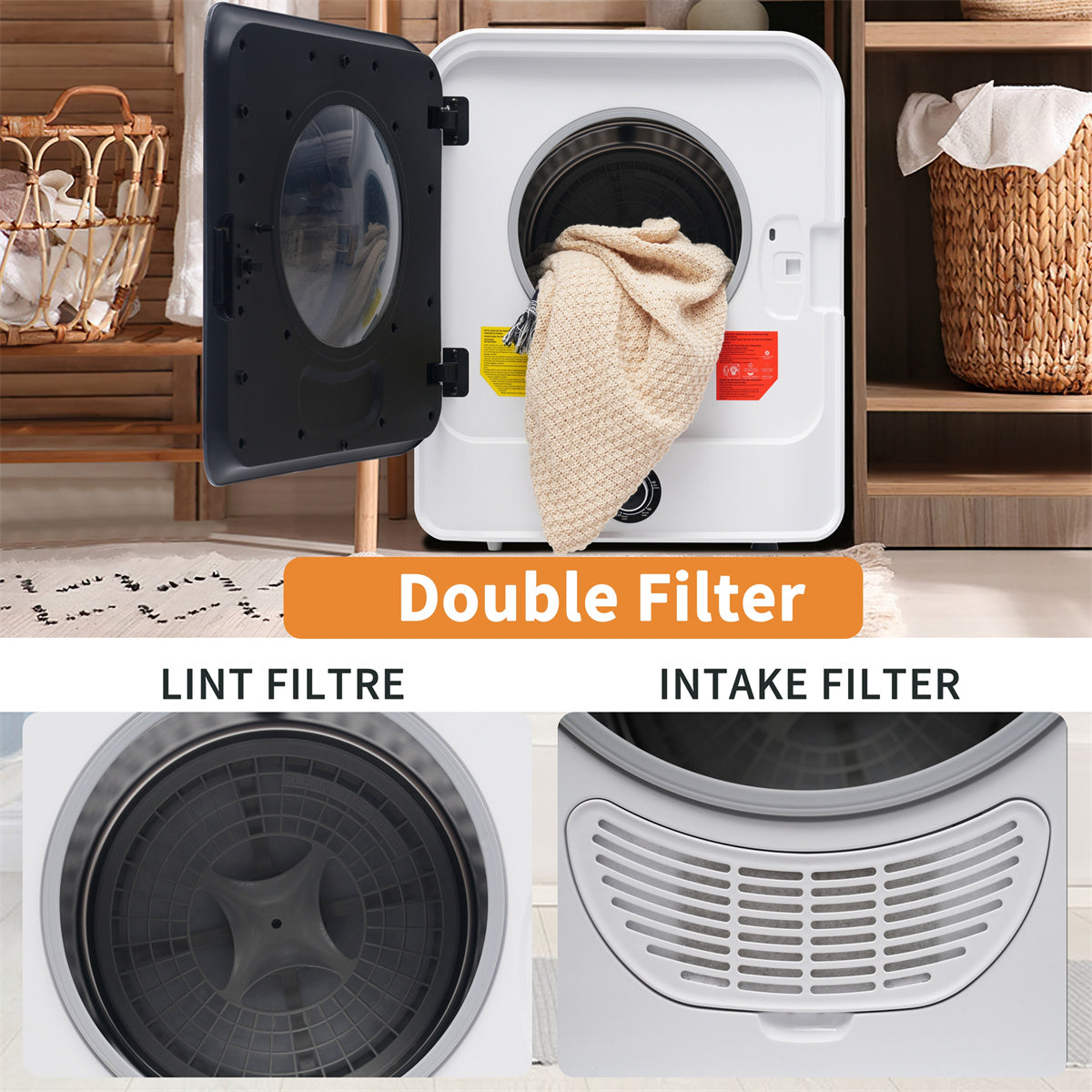 1.95cu.ft Clothes Dryer, 830W, Stainless Steel Tumbler, 5 Programs, Black Door K5664