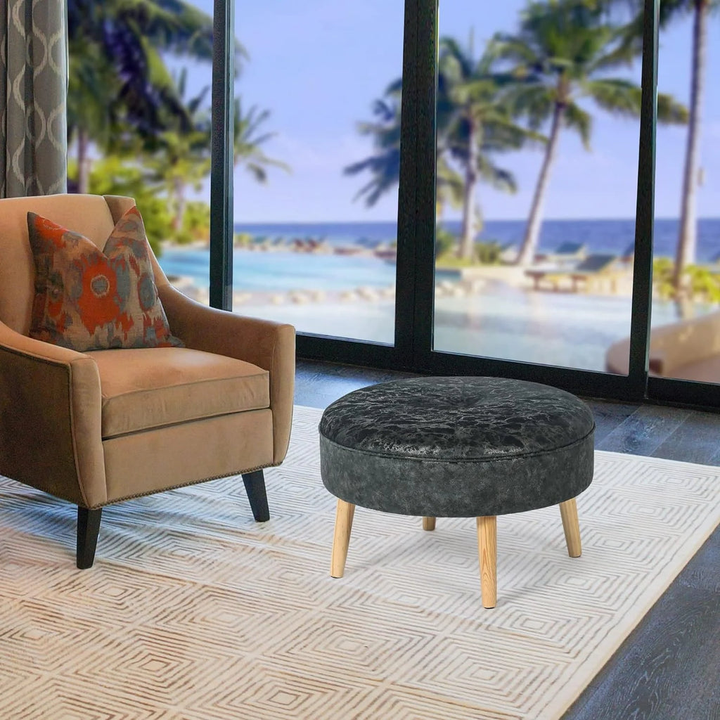 Small Round Velvet Ottoman with Wooden Legs L6725