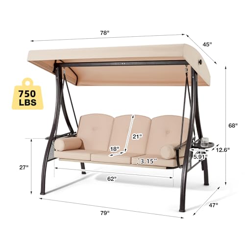 3 Person Outdoor Porch Swing with Cup Holder, Canopy, Cushions H479642
