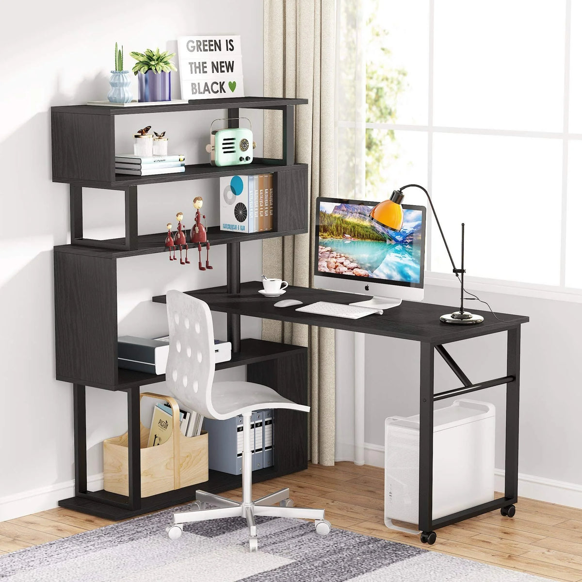 L Shaped Desk with Storage Bookshelf Black J443