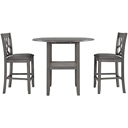 3 Piece Round Drop Leaf Counter Height Dining Table and Chairs Set with Storage Shelf F380