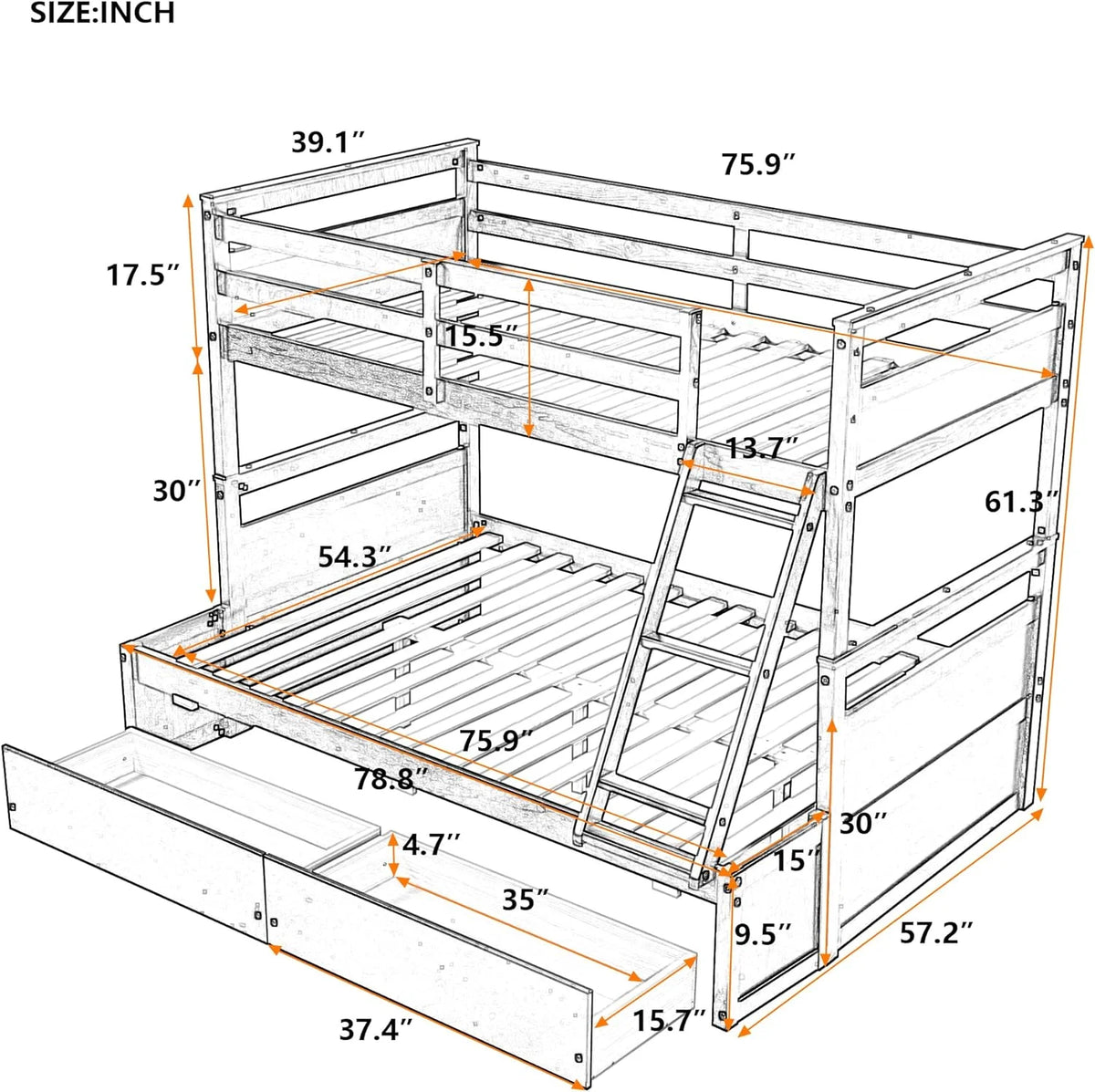 White Over Full Bunk Bed with Storage and Two Drawer X1109