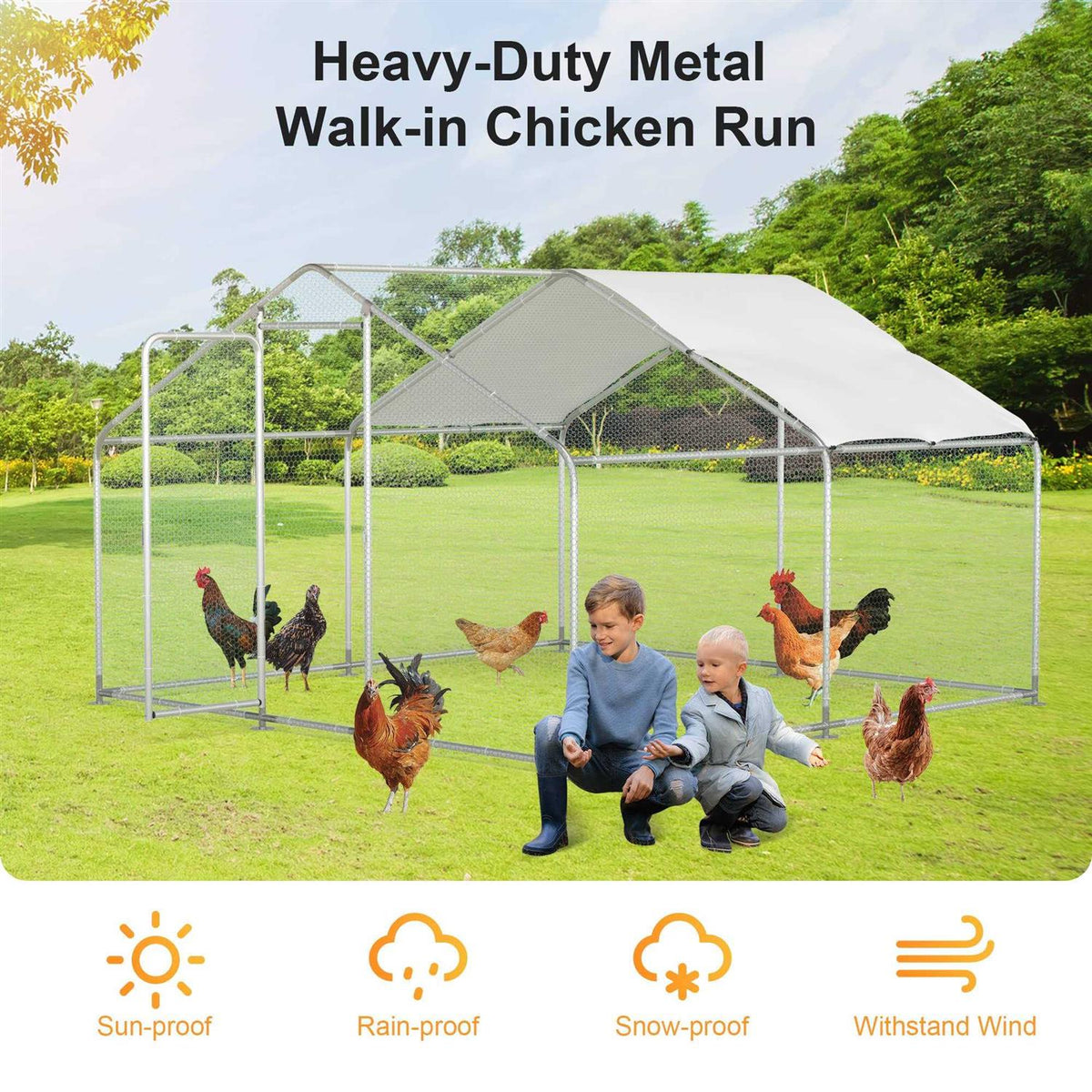 Chicken Coop Large Metal Run for 20 Chickens Walk in Poultry Cage Hen House with Waterproof Cover L204
