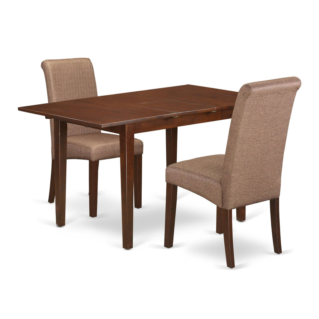 3PC Kitchen Table with Linen Brown Fabric Parson Chairs with Mahogany Chair Legs V15633