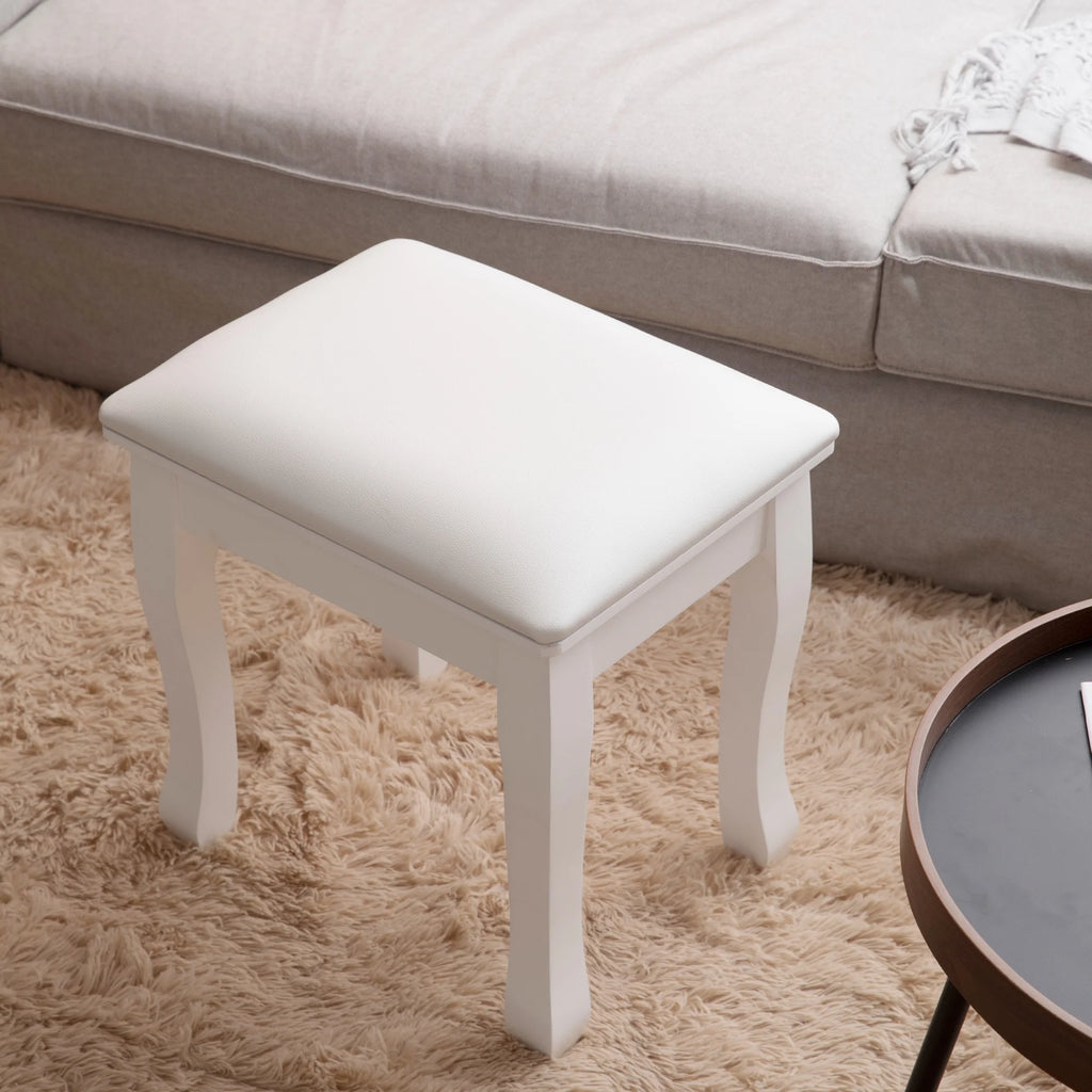 White Wood Vanity Stool with Cushion I129528