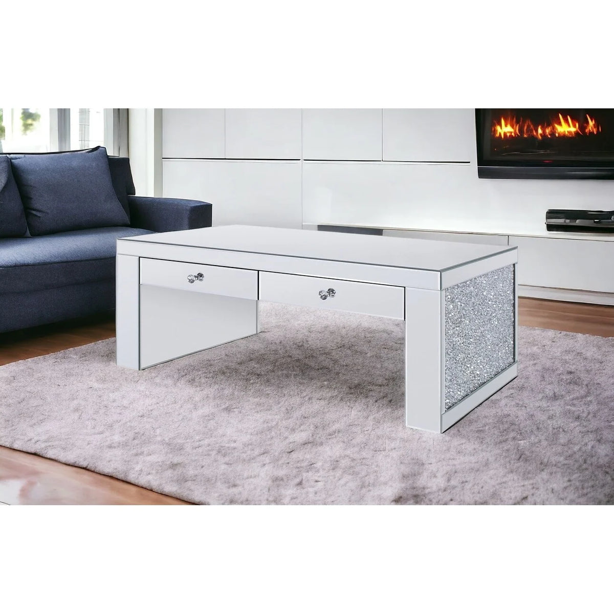 48" Silver Mirrored Coffee Table with Two Drawers X25226