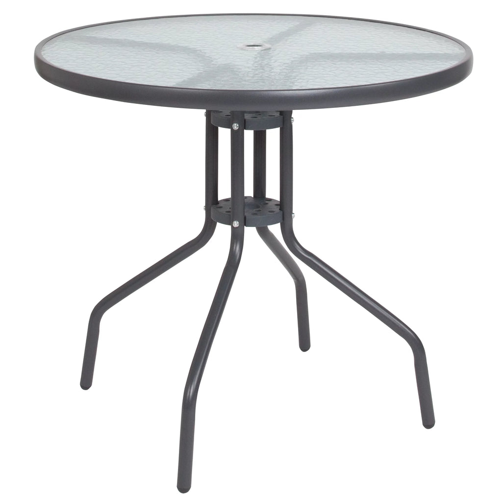 6-Piece Patio Set with Glass Table, Umbrella, and 4 Folding Chairs, Black T737