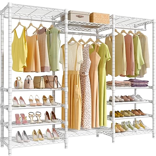 White Heavy Duty Garment Rack with Adjustable Shoe Rack Wire Shelf X2579