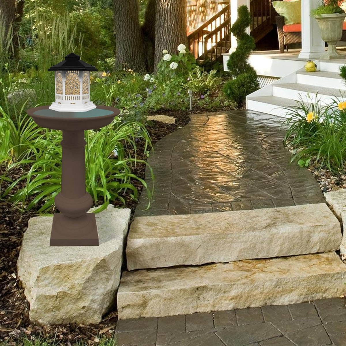 Brown Cast Aluminum Bird Bath and Bird Feeder Combo M8002
