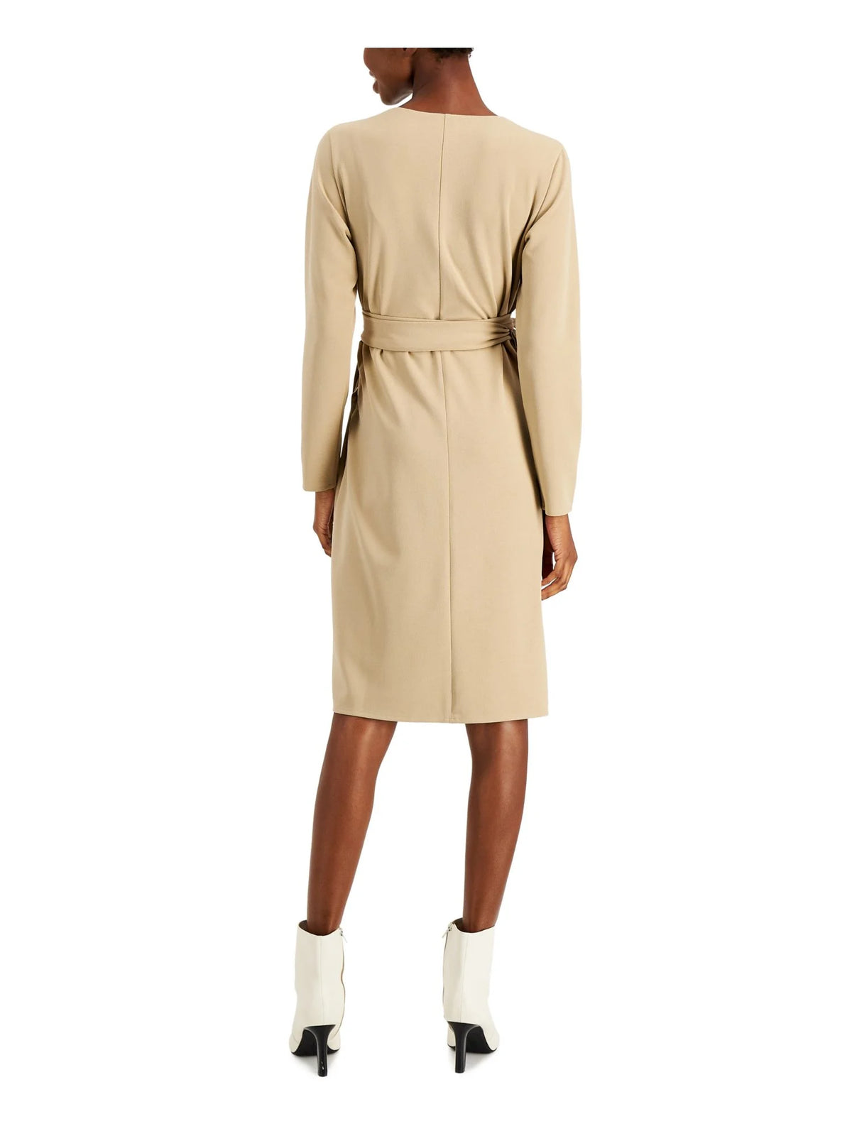 Brown Belted Long Sleeve Surplice Neckline Wrap Dress Petites W7306