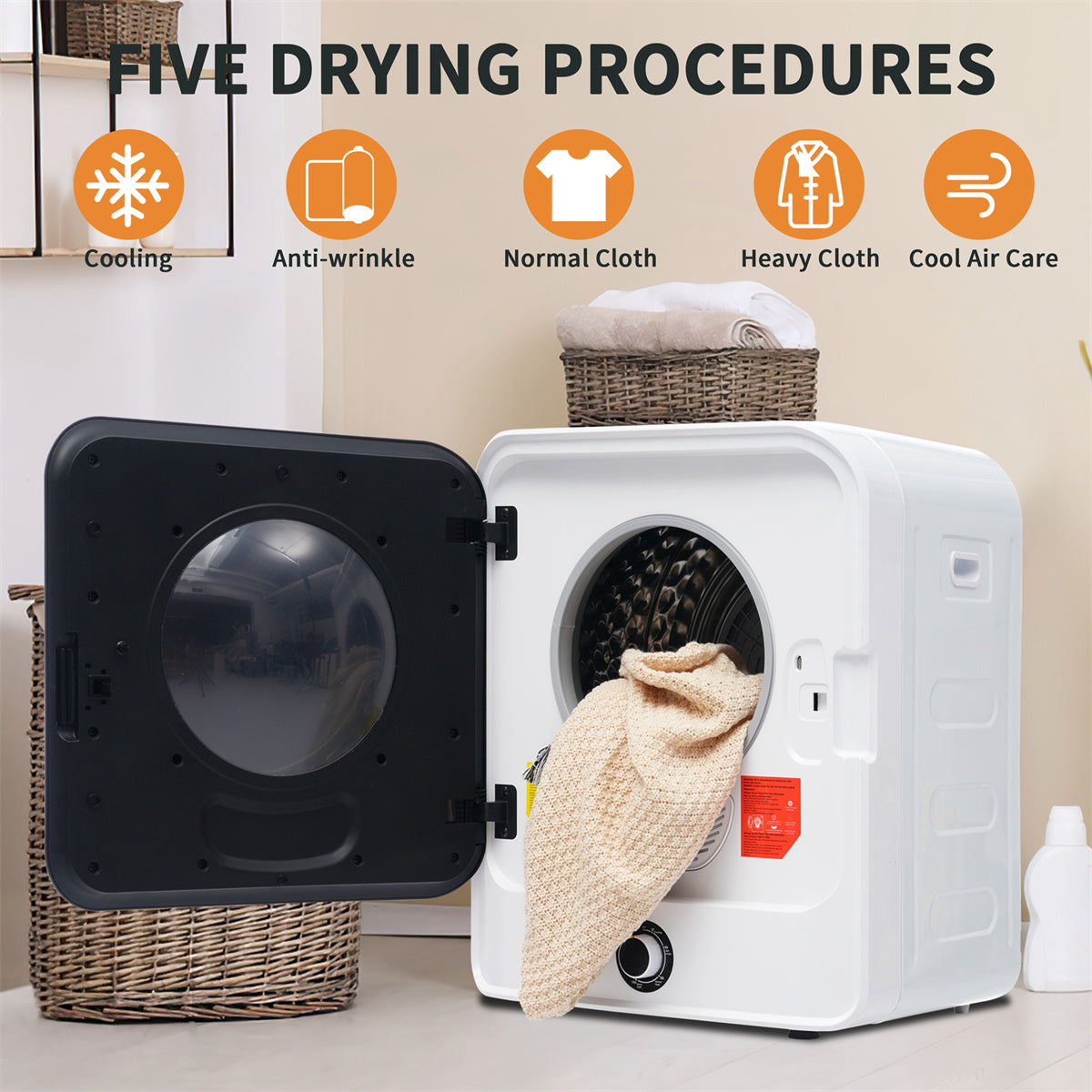 1.95cu.ft Clothes Dryer, 830W, Stainless Steel Tumbler, 5 Programs, Black Door K5664