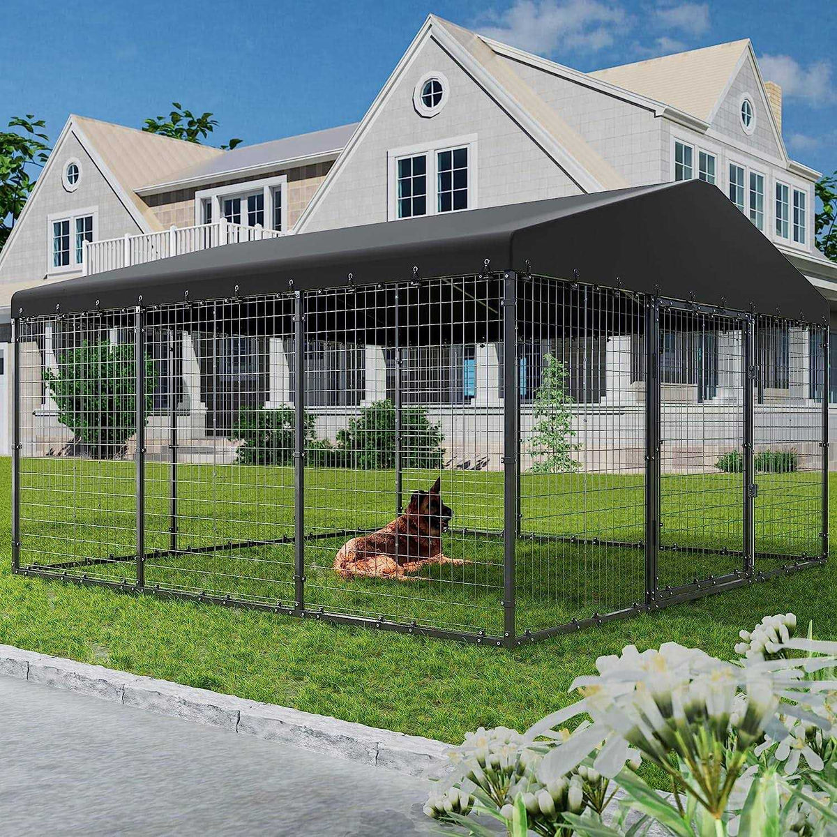 Large Heavy Duty Galvanized Steel Outdoor Dog Kennel with Roof and Double Safety Locks E5366