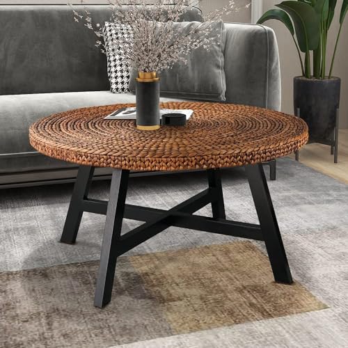 Natural Seagrass Round Coffee Table with Solid Wood Base, 32 x 17 Inches B733834