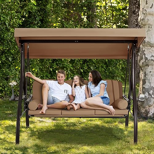 3 Person Outdoor Porch Swing with Cup Holder, Canopy, Cushions H479642