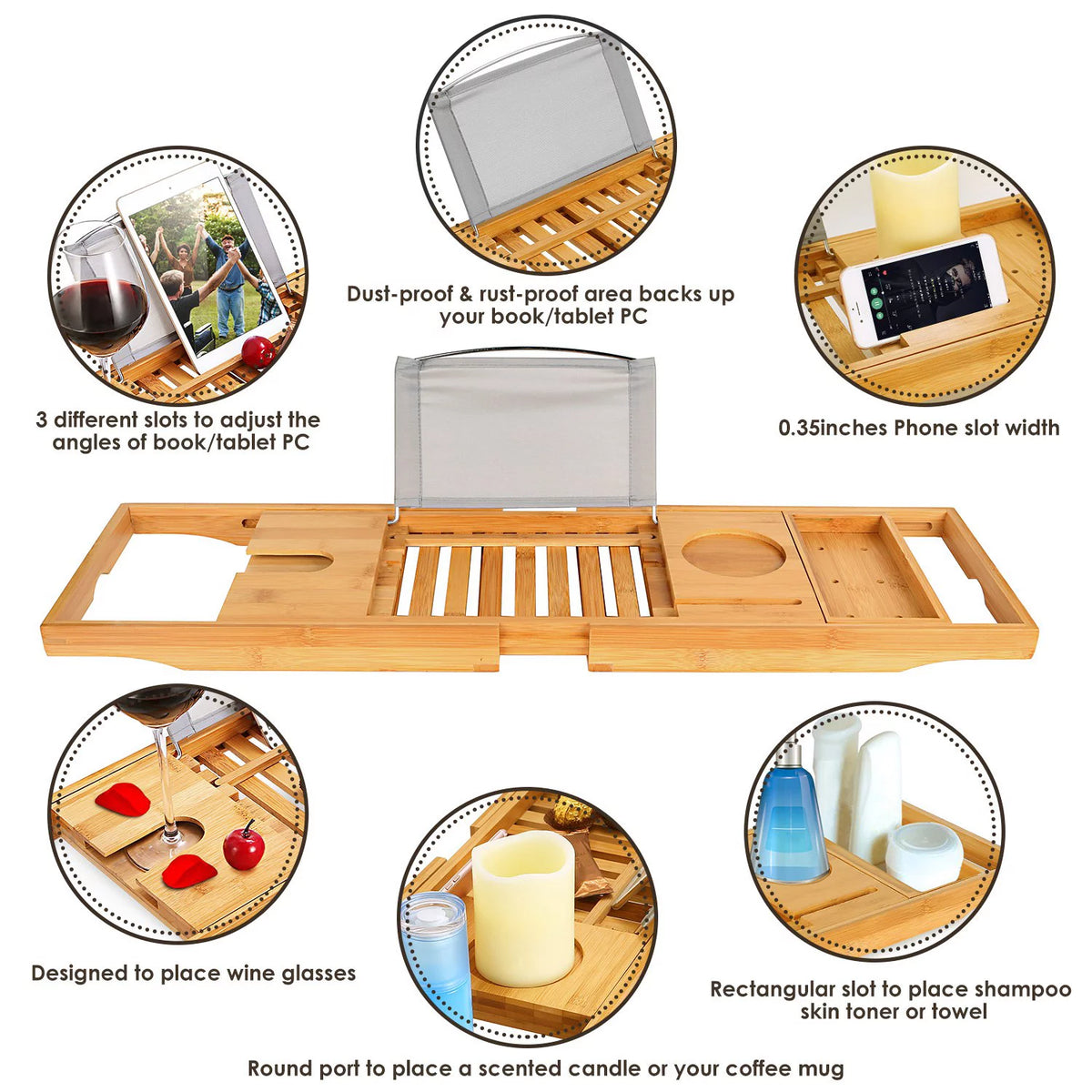 Bamboo Bathtub Caddy Tray with Expandable Sides T190240