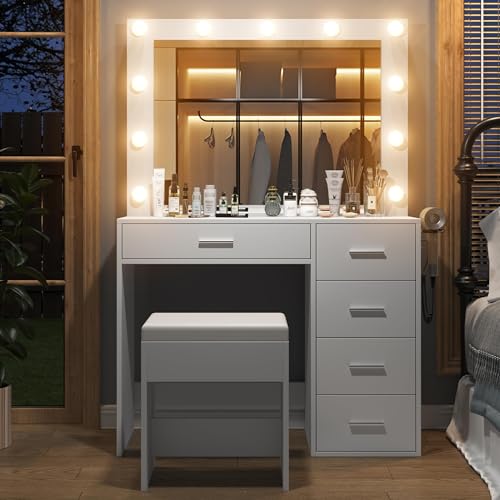 White Vanity Desk with Mirror and 11 Drawers A686