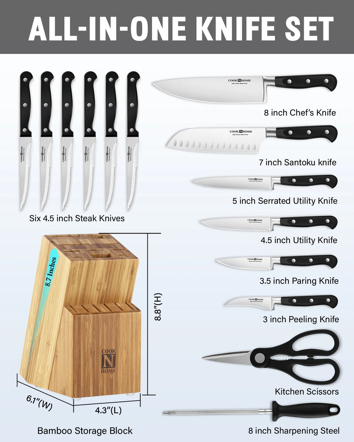 15-Piece High Carbon Stainless Steel Knife Set with Bamboo Storage Block B770