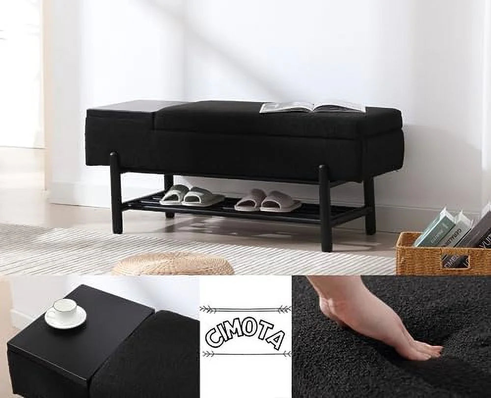 Leather Ottoman Bench with Wood Shoe 45 Inches PU Black Y7305