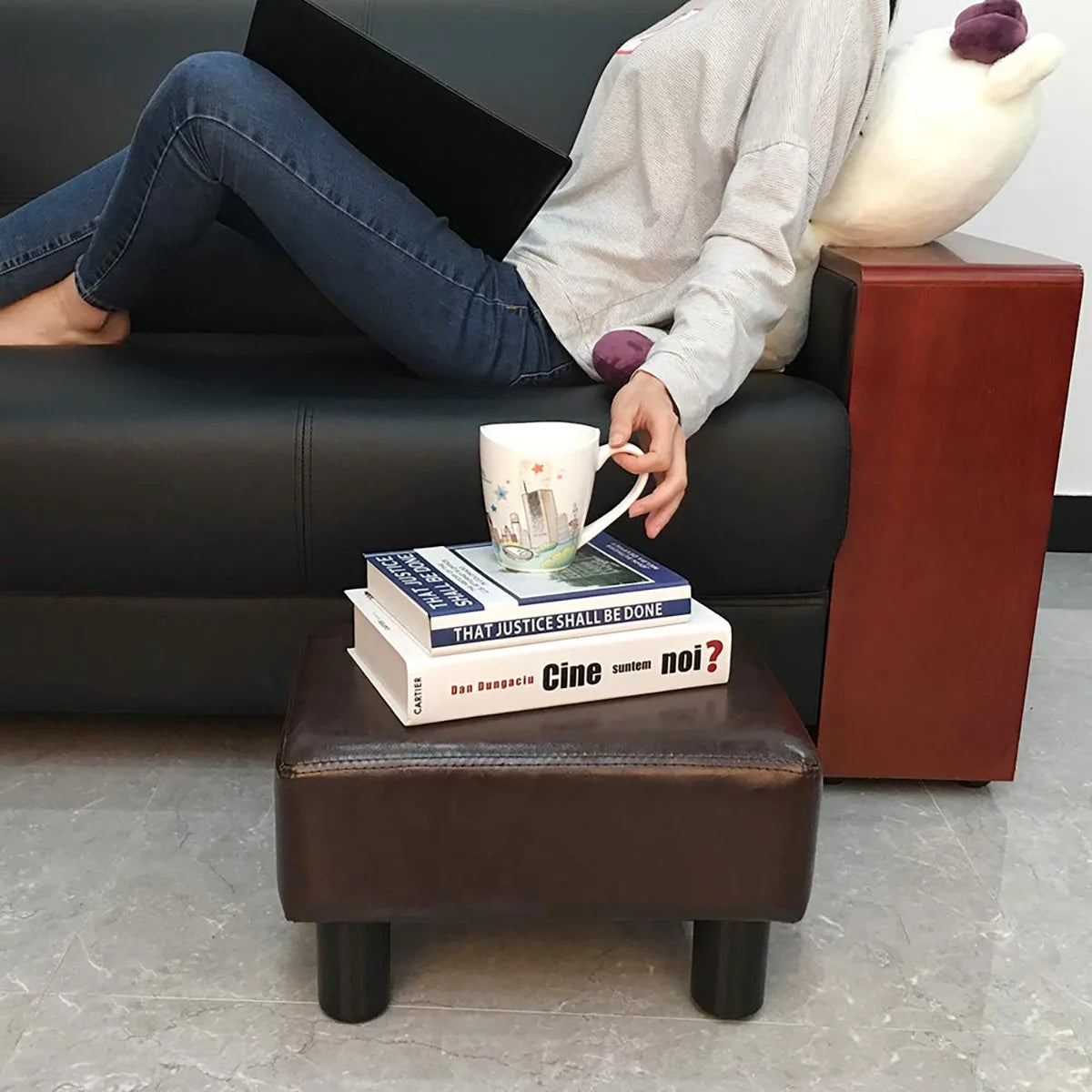 Brown Faux PU Leather Ottoman Footstool R3354