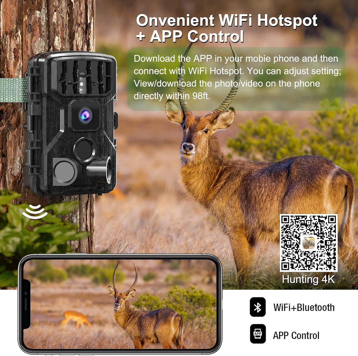 4K 30MP WiFi Bluetooth Trail Camera with Night Vision Motion Activated Waterproof E6005