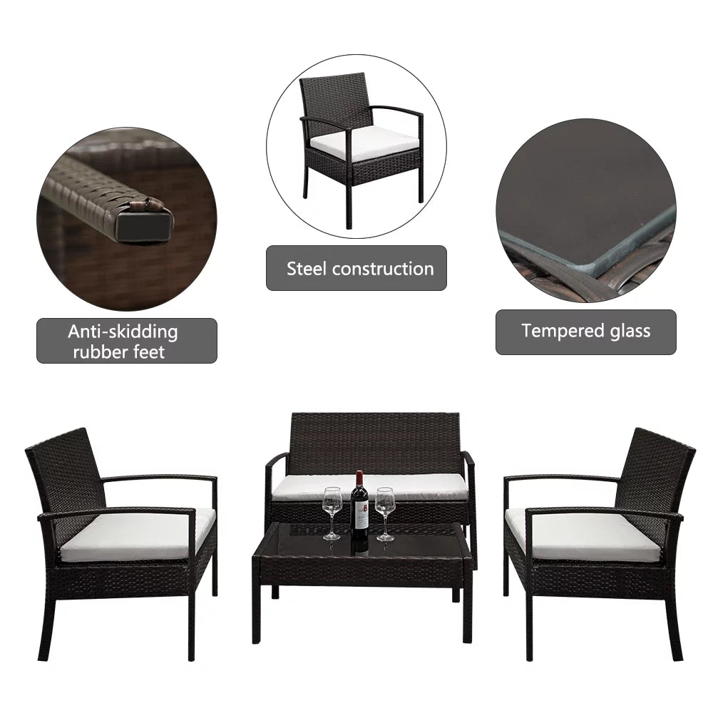 4 Pieces Rattan Cushioned Sofa and Chair Set with Table R55418