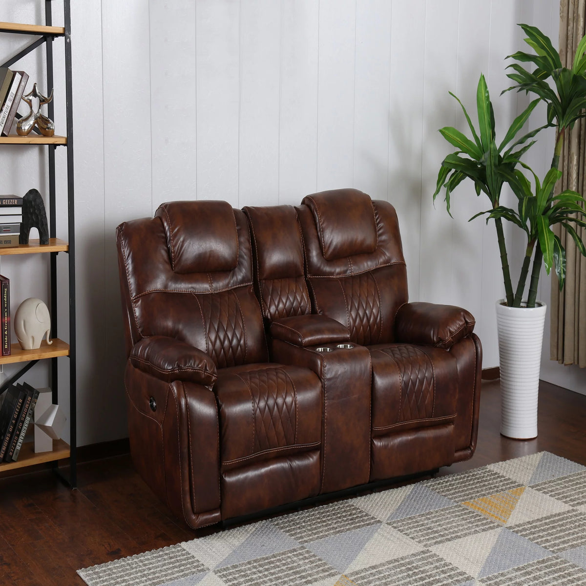 Rich Brown Leather Power Dual Reclining Loveseat with Center Console H589958