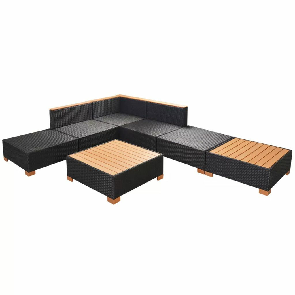 7 Piece Outdoor Sectional Sofa Set with Coffee Table and Ottoman Black Poly Rattan E45842