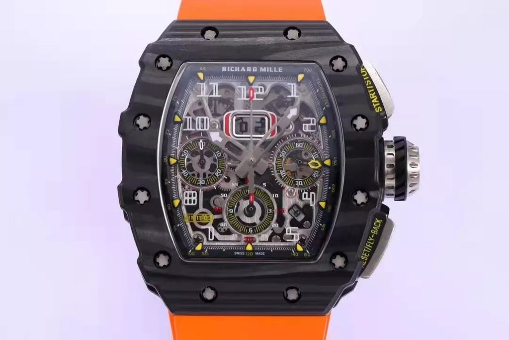 Skeleton Dial Black Bezel Orange Rubber Strap O555