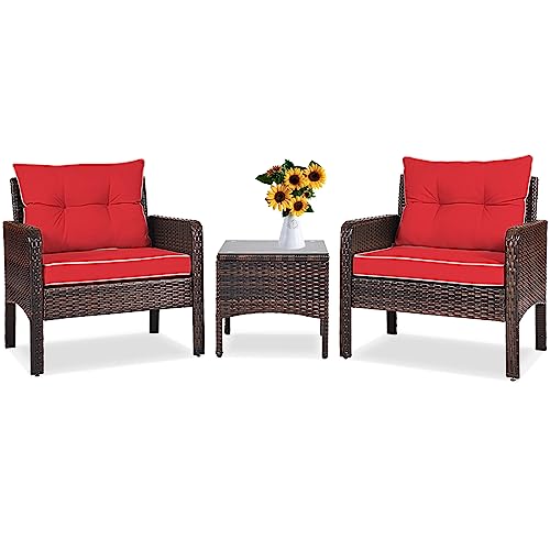 3 Piece Brown Rattan Patio Furniture Set with Cushions E106970