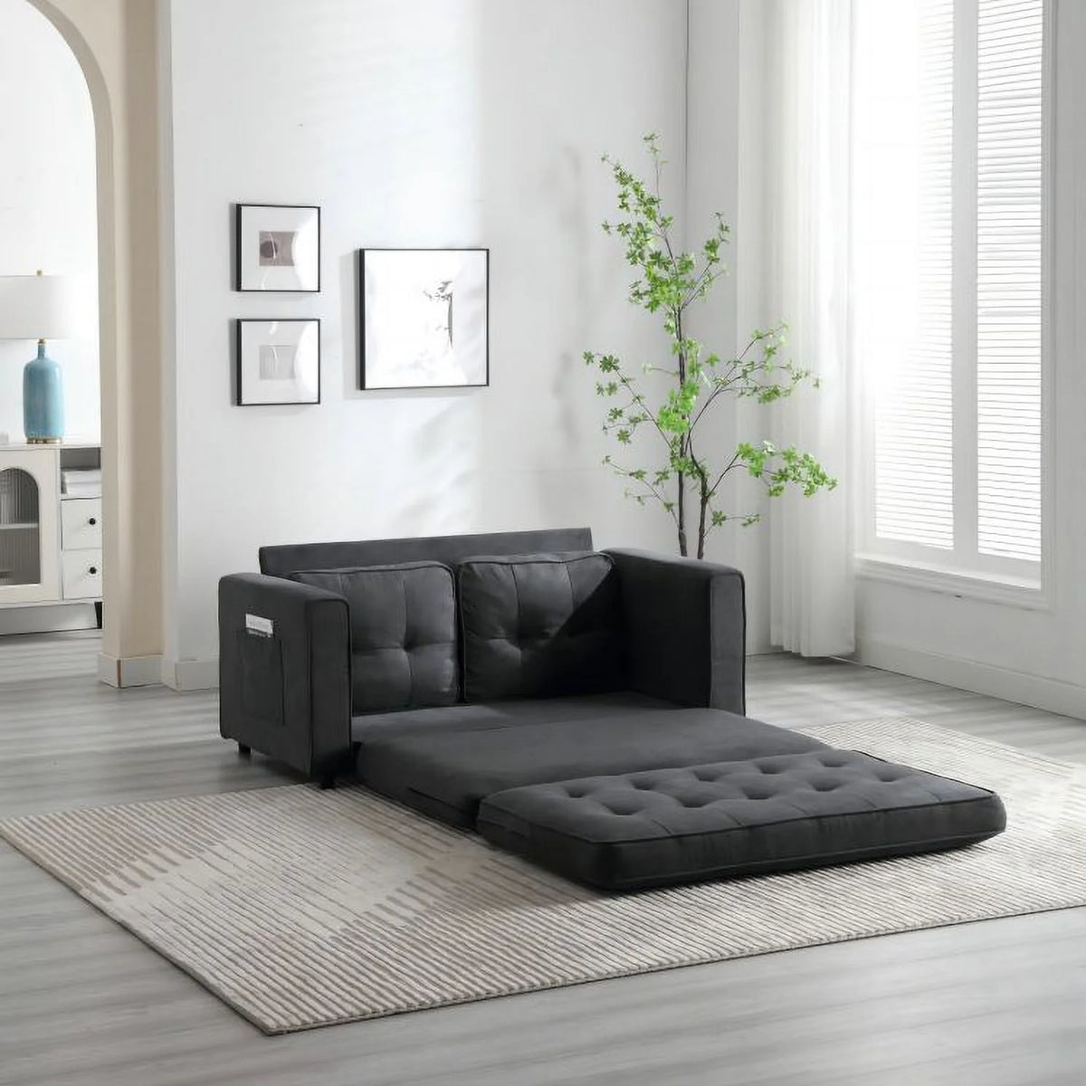 Dark Gray Convertible Double Sofa Bed with 2 Side Pockets D67399