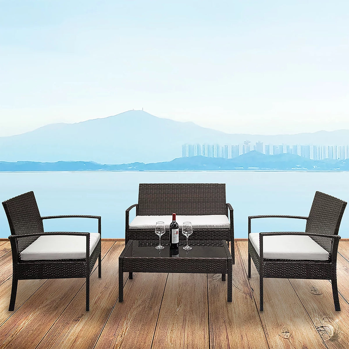 4 Pieces Rattan Cushioned Sofa and Chair Set with Table R55418