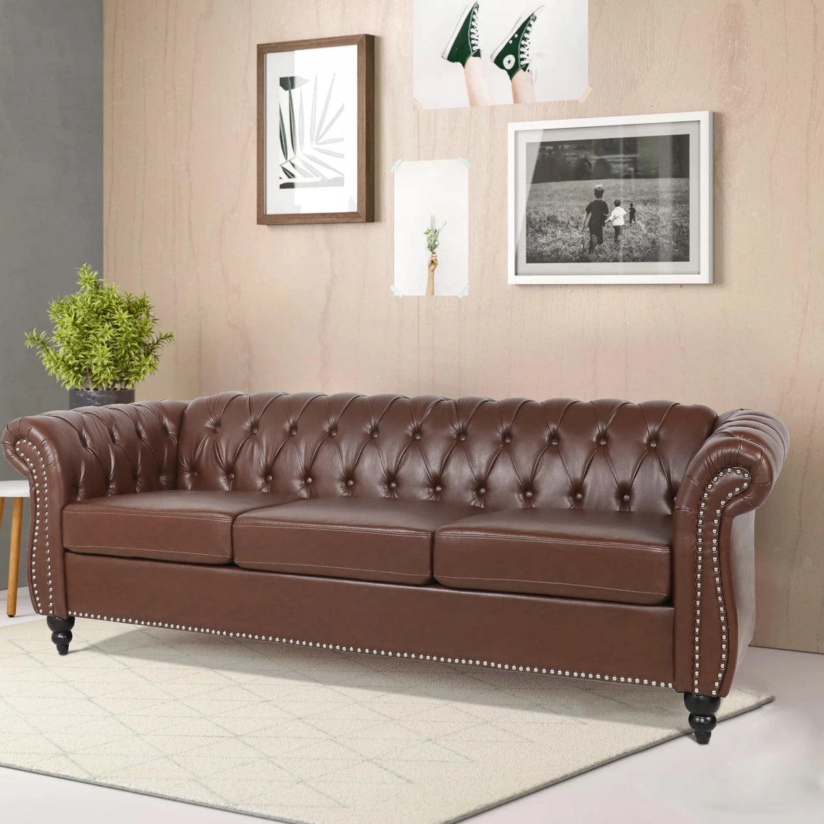 Brown 3 Seater Faux Leather Sofa W91833