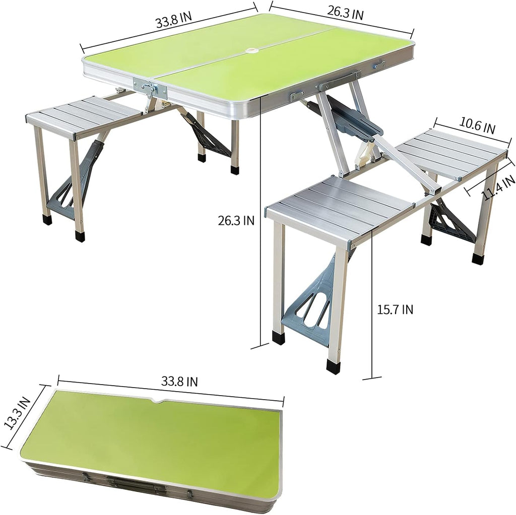 Green Folding Camping Table with 4 Seats Set, Aluminum, 33.8x26.4x26.4 inch W2016