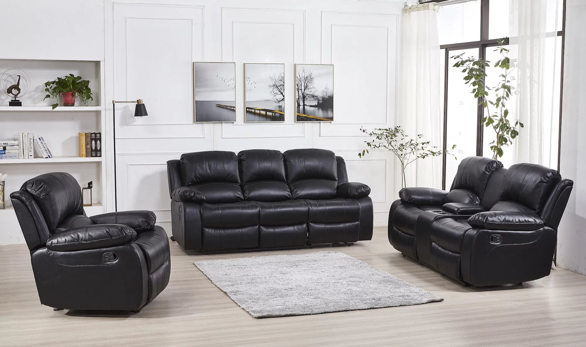 Black Bonded Leather Reclining Sofa 3 Piece Set S37572
