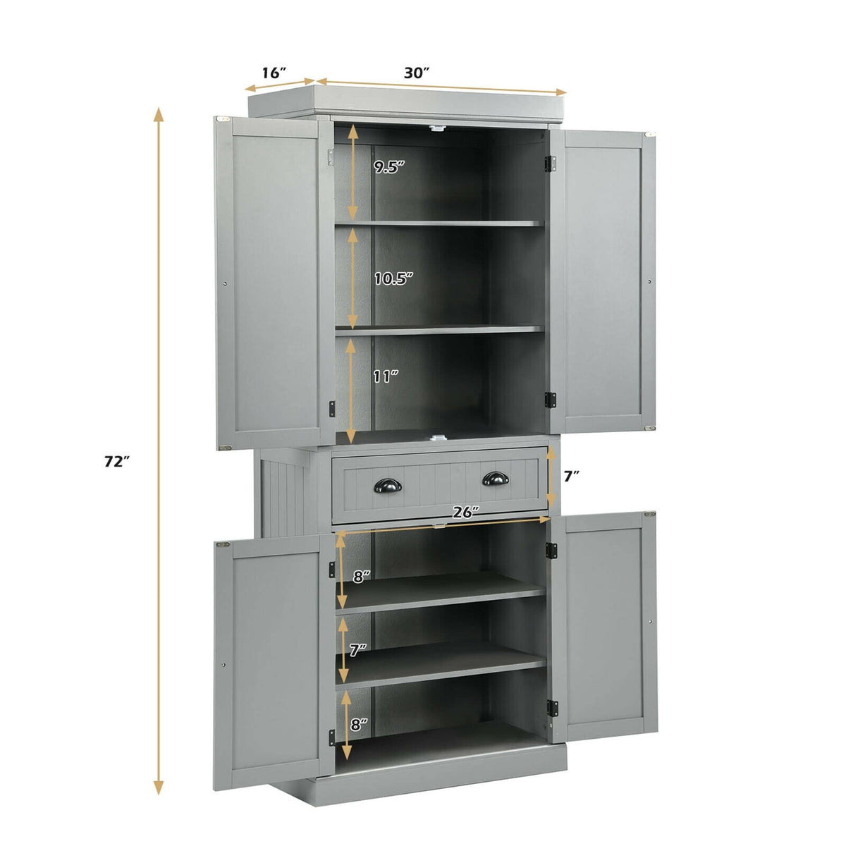 Grey Freestanding Kitchen Cabinet Pantry Cupboard with Shelves J541