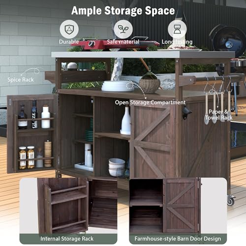 Natural Solid Wood Outdoor Kitchen Island with Stainless Steel Top C54716