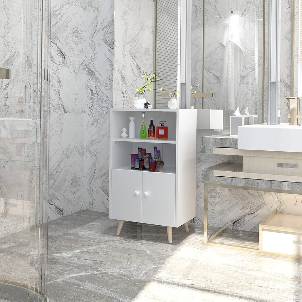 Ivory White Freestanding Storage Cabinet with 2 Open Shelves and Cupboard M4278