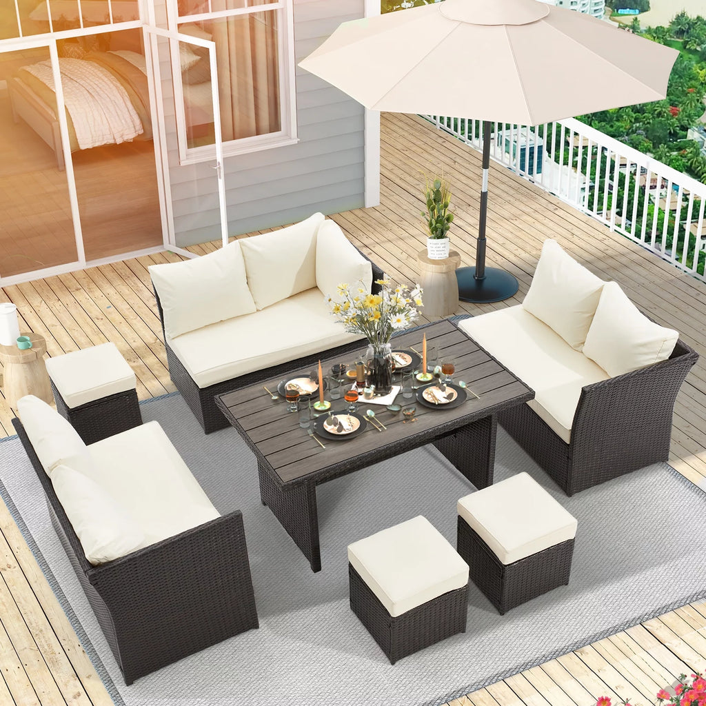 7-Piece Rattan Wicker Sectional Sofa and Dining Table Set A808