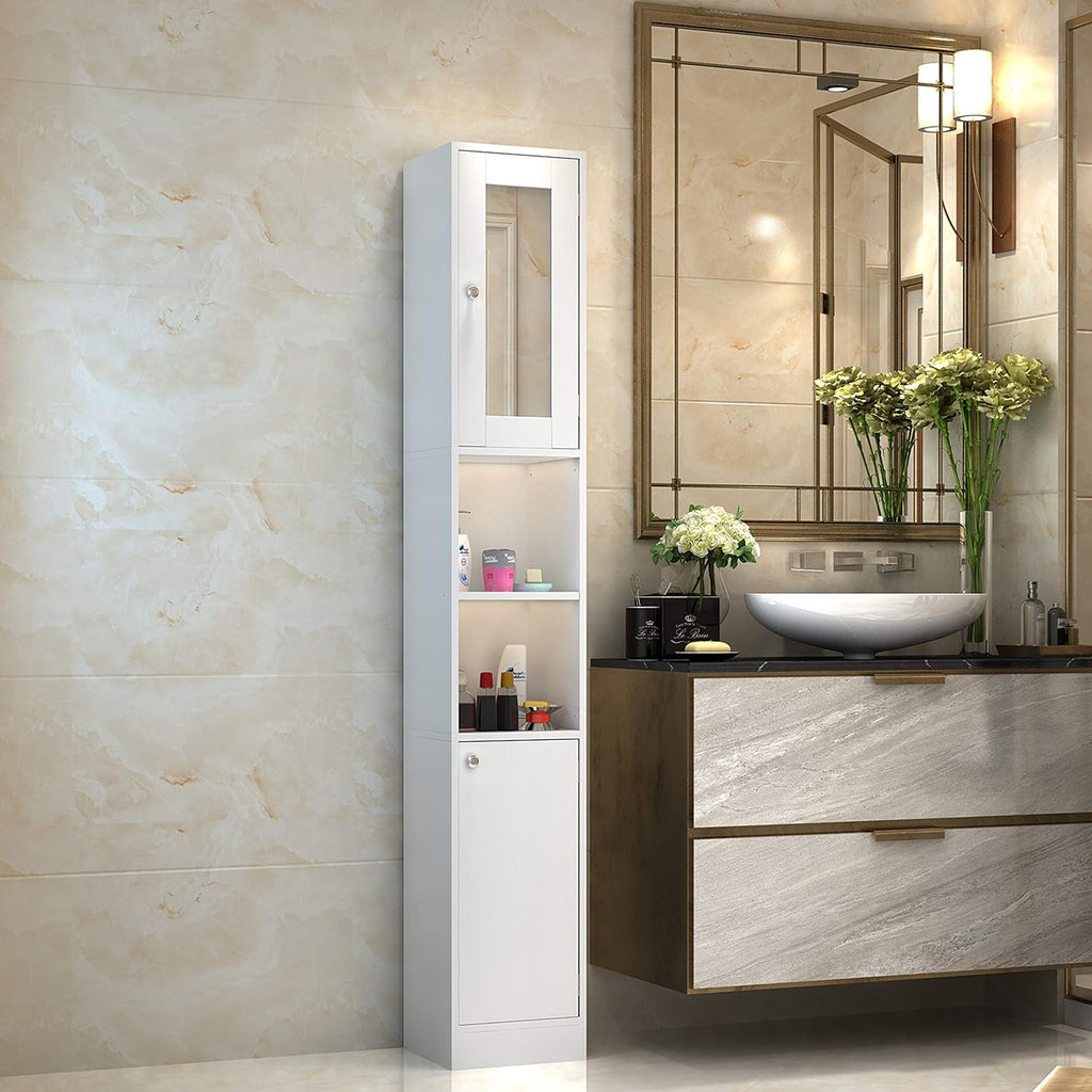 Ivory White Freestanding Storage Cabinet with 2 Open Shelves and Cupboard M4278